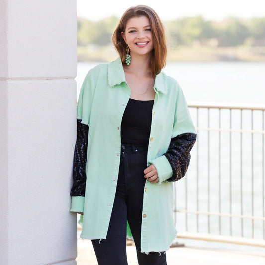 Shacket with Sequin Sleeves - Mint