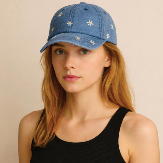 Do Everything In Love Denim Baseball Cap With Embroidered Sunflowers