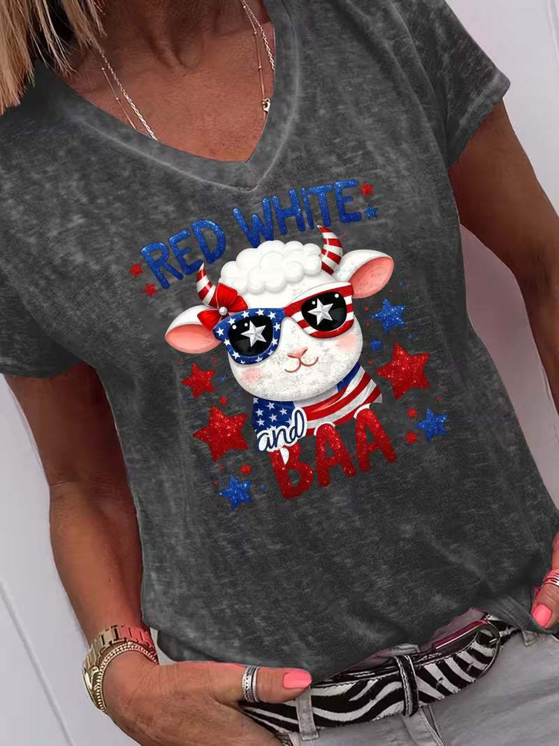 Women's Red Wgite & Baa V-neck Vinyl Graphic T-Shirt