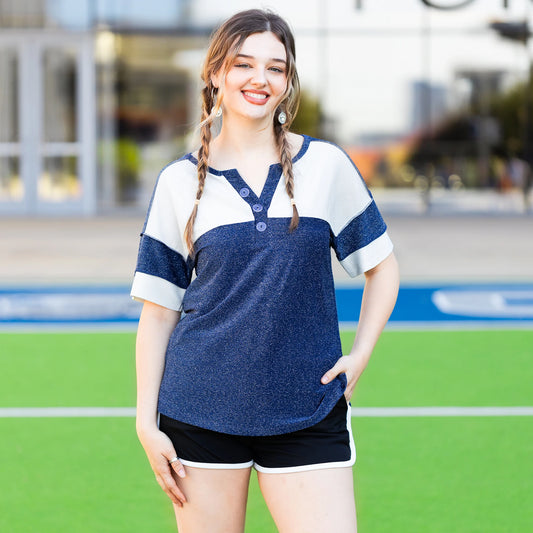 Game Day Shimmery Top with Accent Buttons - Blue