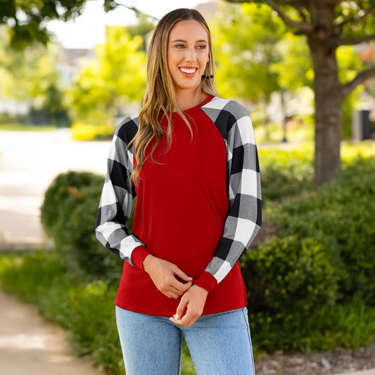 Plaid Long Sleeve Top - Red