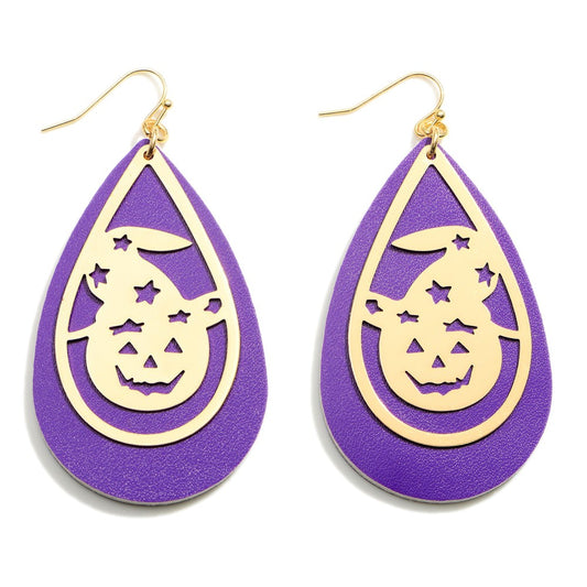 Halloween Leather Teardrop Earrings Featuring Jack-O-Lantern Details.