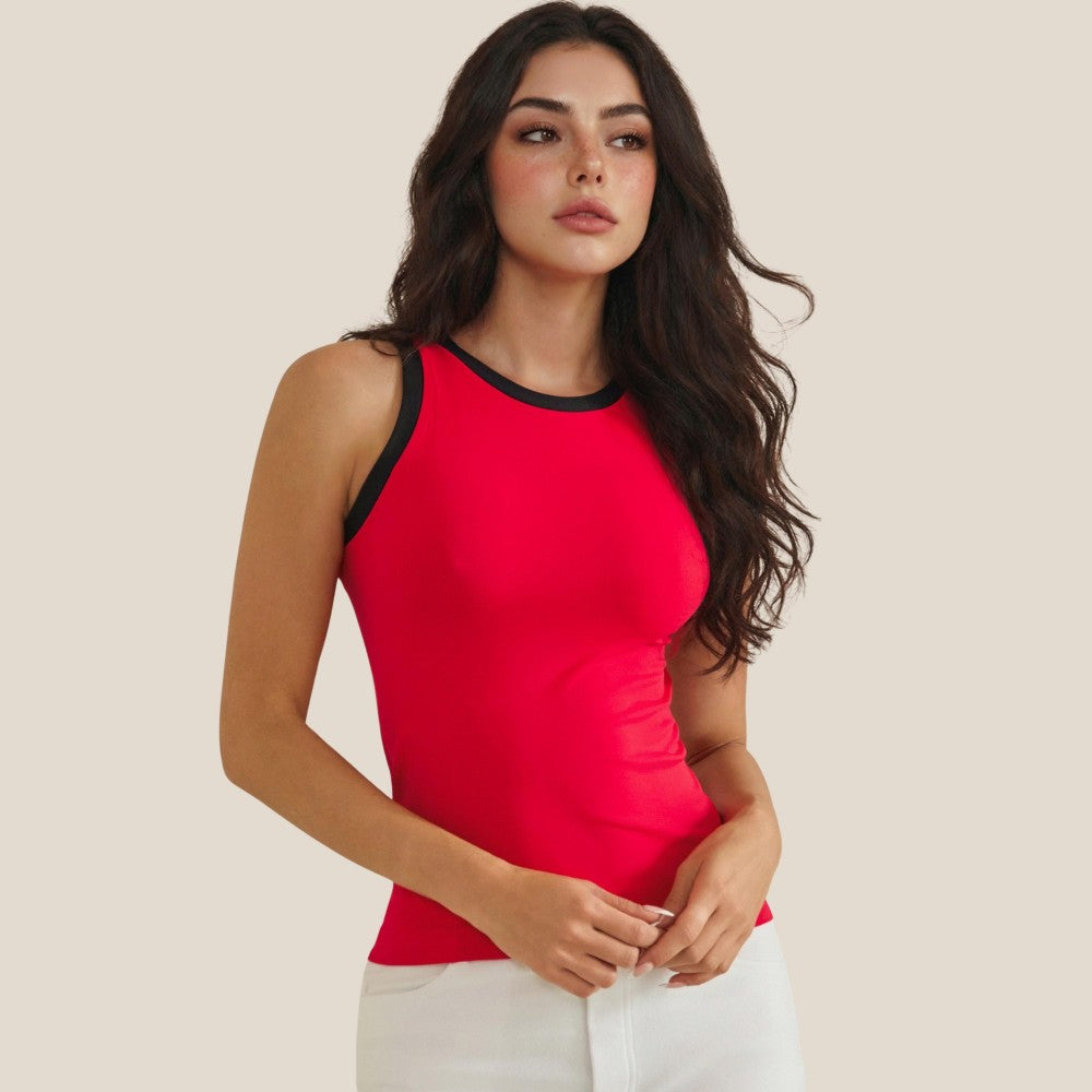 Reversible High Neck Two Tone Tank Top - Red