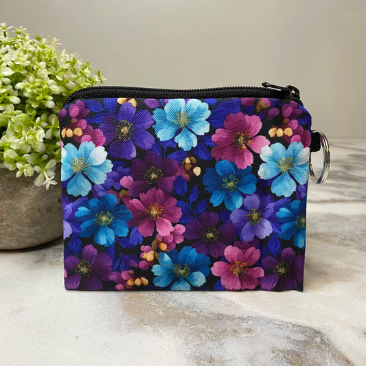 Floral Pink Purple Aqua - Mini Coin Purse Keyring
