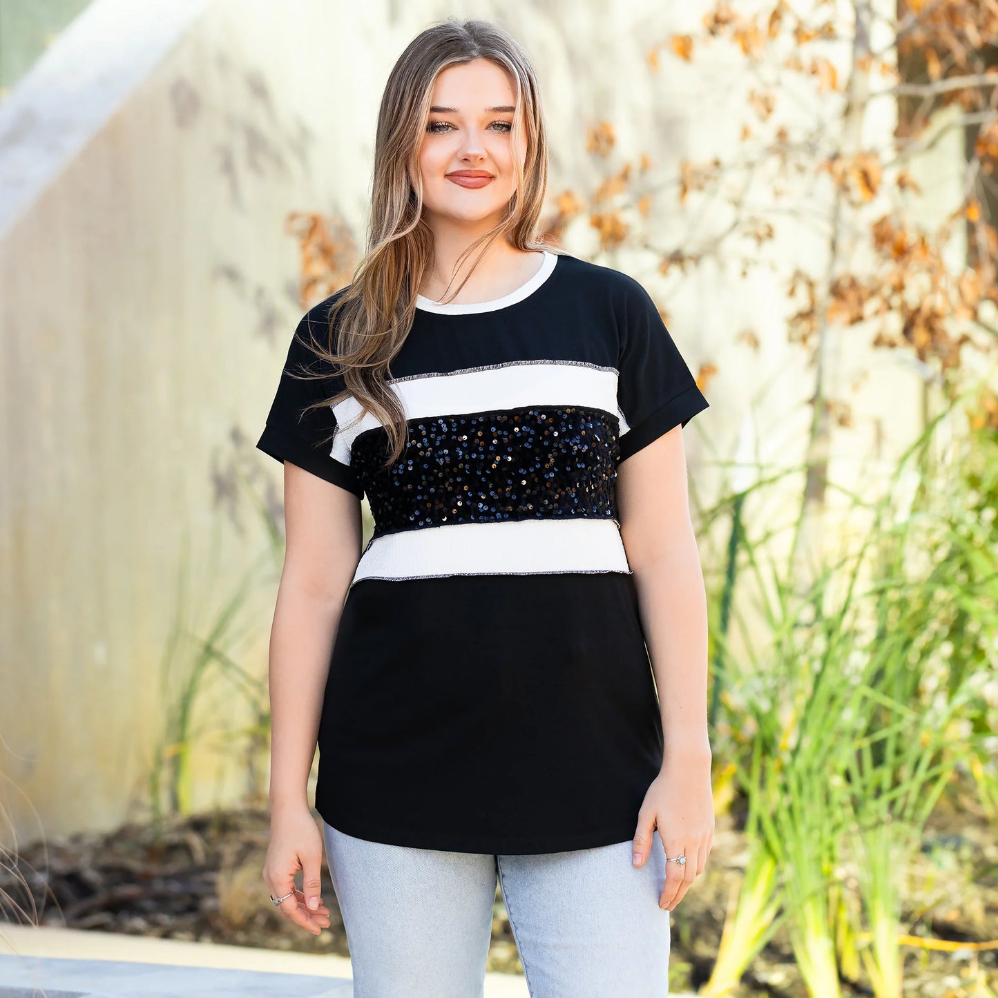 Sunshine & Redeo Striped Sequin Half Sleeve Top - Black