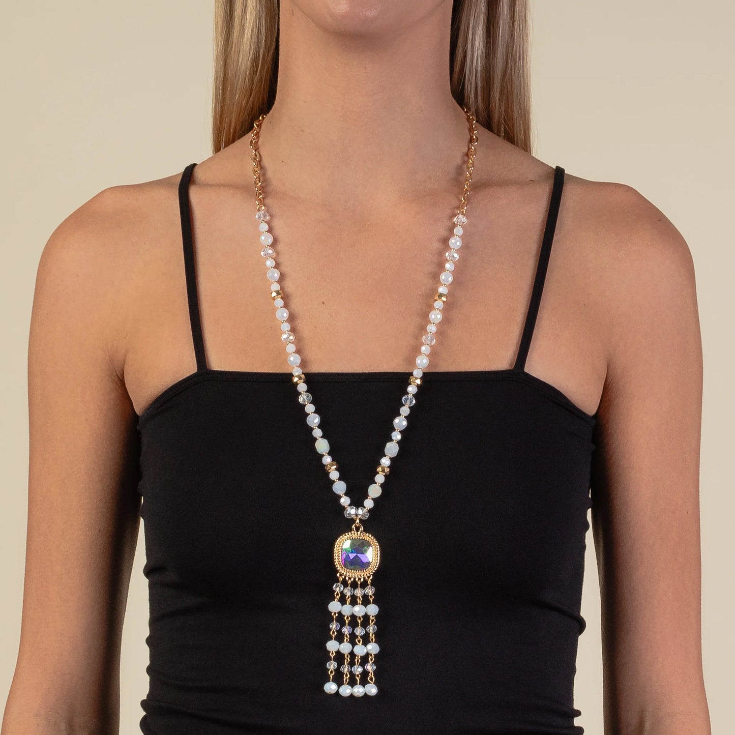 Crystal Beaded Tassel Necklace - White