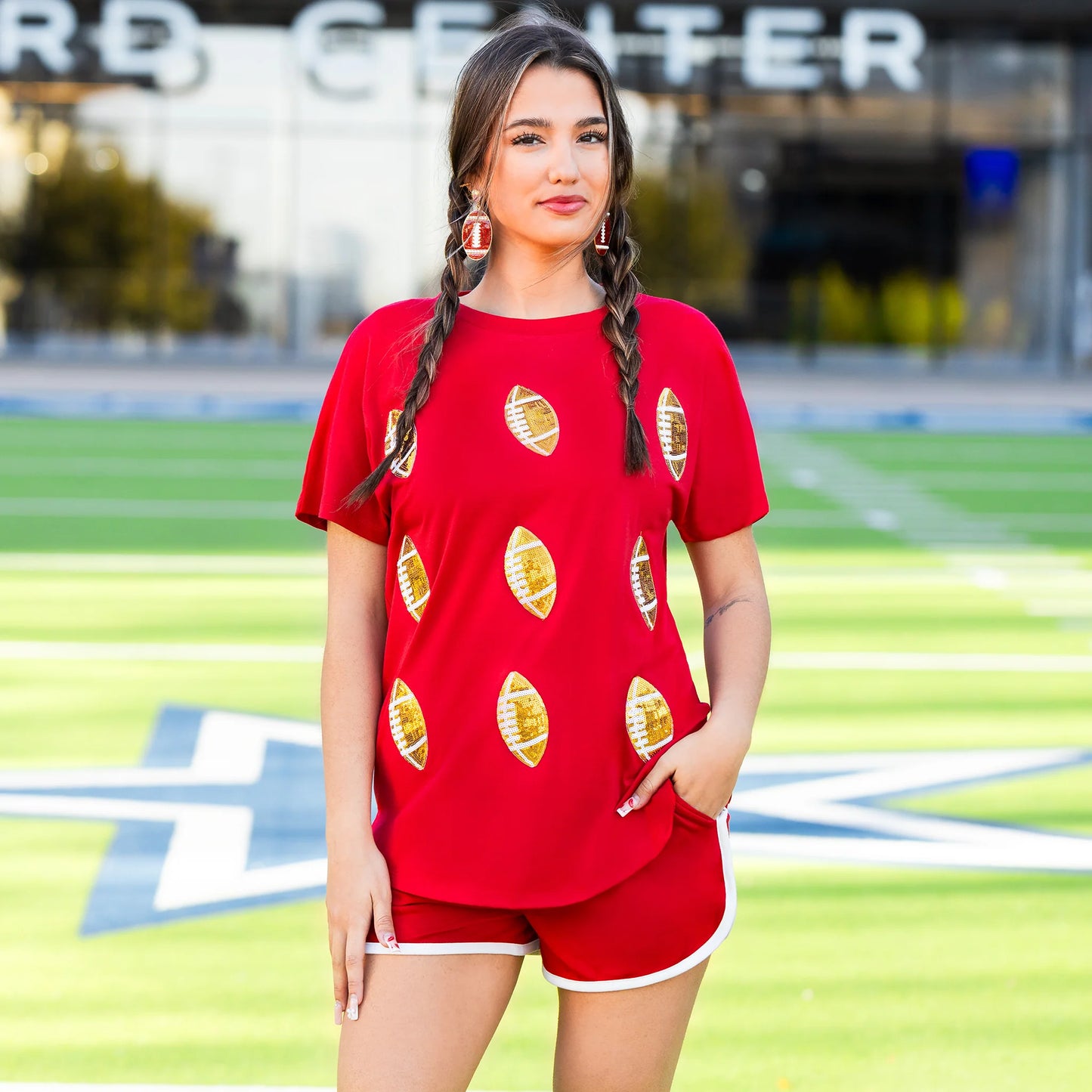 Sunshine & Redeo Sequin Football Half Sleeve Top - Red