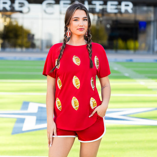 Sunshine & Redeo Sequin Football Half Sleeve Top - Red