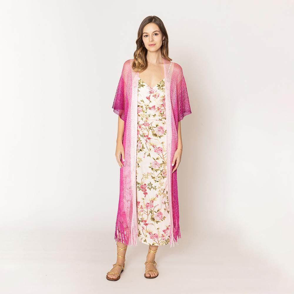 Do Everything In Love Two Tone Lurex Kimono With Fringe Detail - Fushia