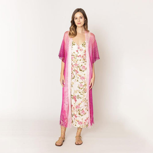 Do Everything In Love Two Tone Lurex Kimono With Fringe Detail - Fushia