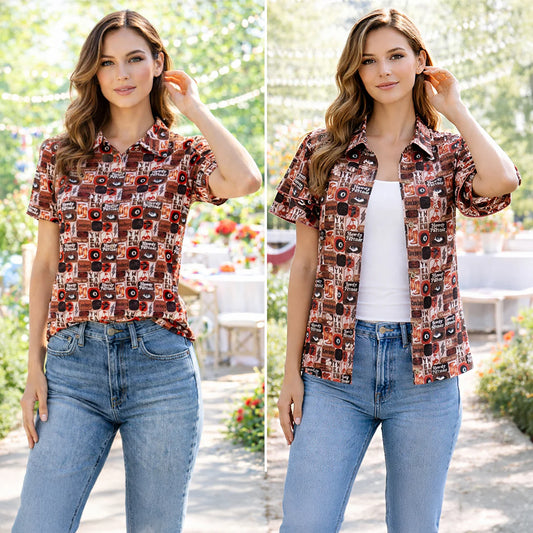 Western Print Mesh Button Down Top with Ruffle Sleeves