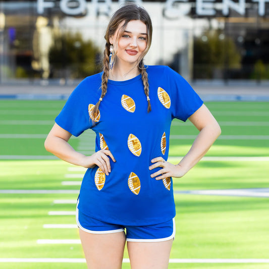 Sunshine & Redeo Sequin Football Half Sleeve Top - Royal Blue