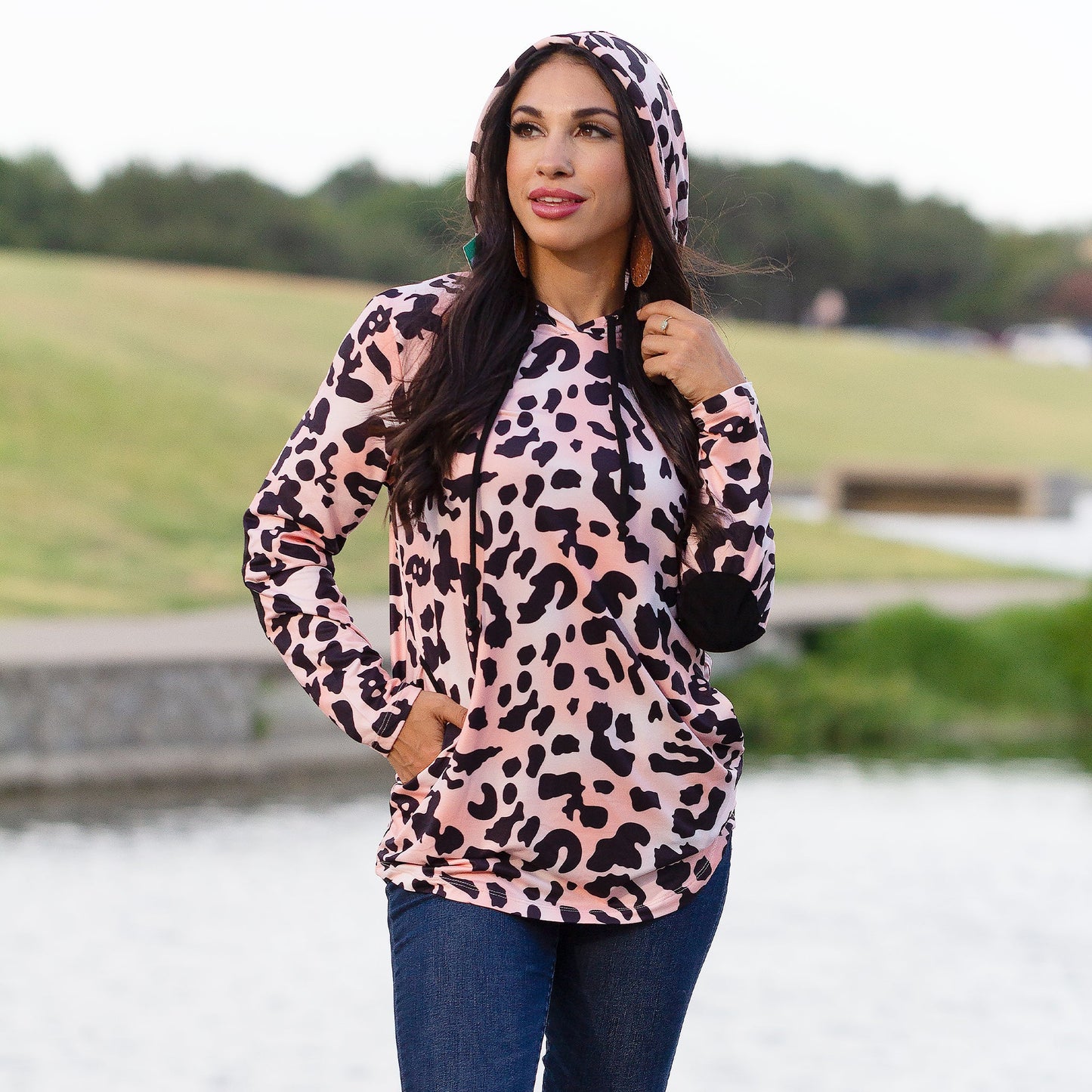 Pink Leopard Hoodie with Elbow Patches and Pockets