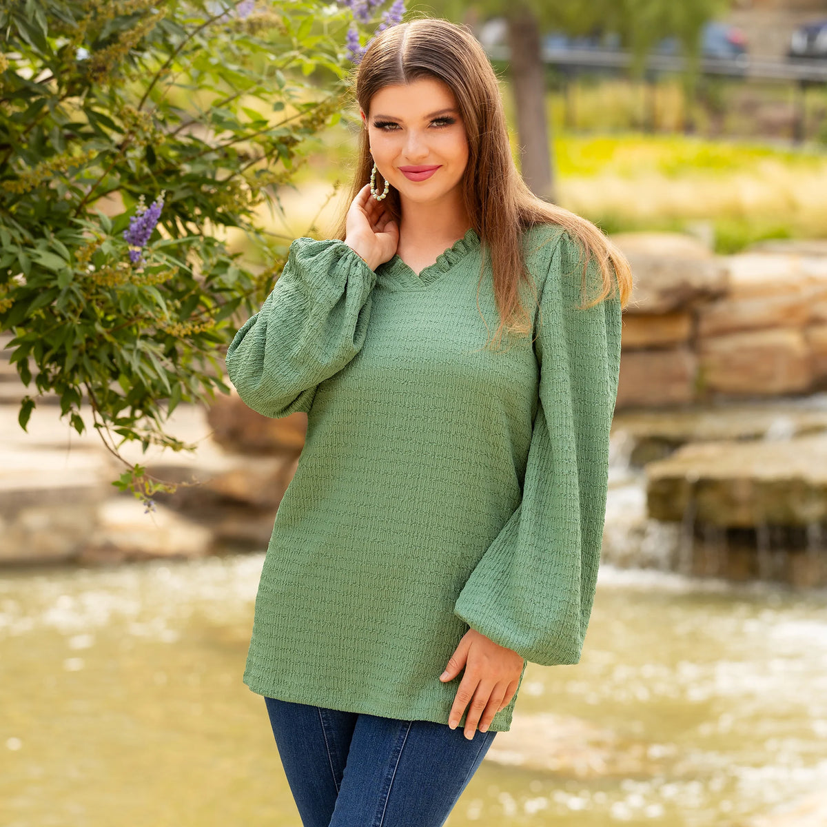 Sunshine & Rodeo V-Neck Textured Long Sleeve Top - Pistachio