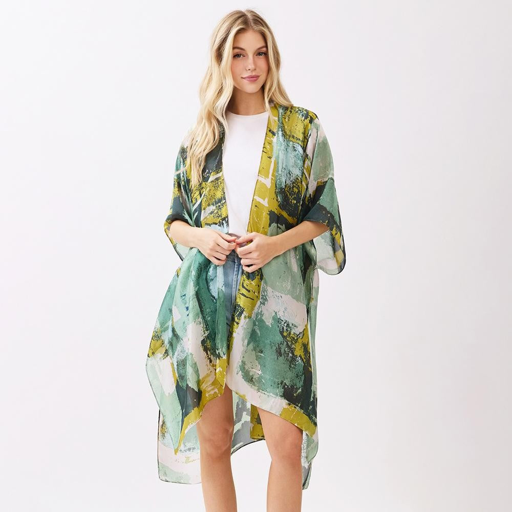 Abstract Modern Art-Inspired Print Kimono - Green