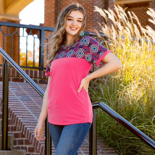 Color Block Geometric Print Half Sleeve Top