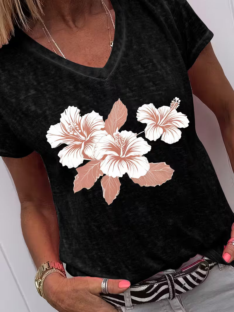 Women's Flowers V-neck Vinyl Graphic T-Shirt