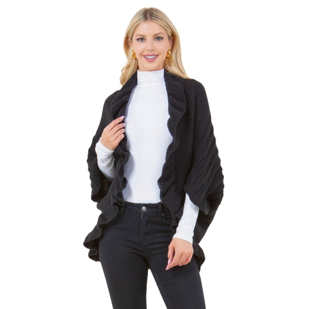 Solid Knit Kimono With Ruffle Detail - Black
