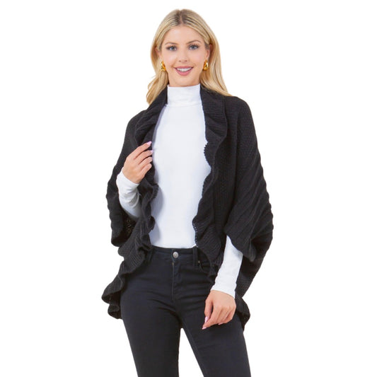 Solid Knit Kimono With Ruffle Detail - Black