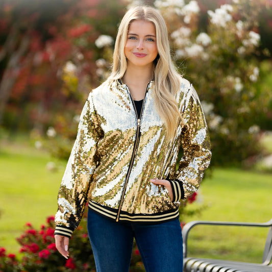 Sequin Varsity Jacket with pockets - Gold