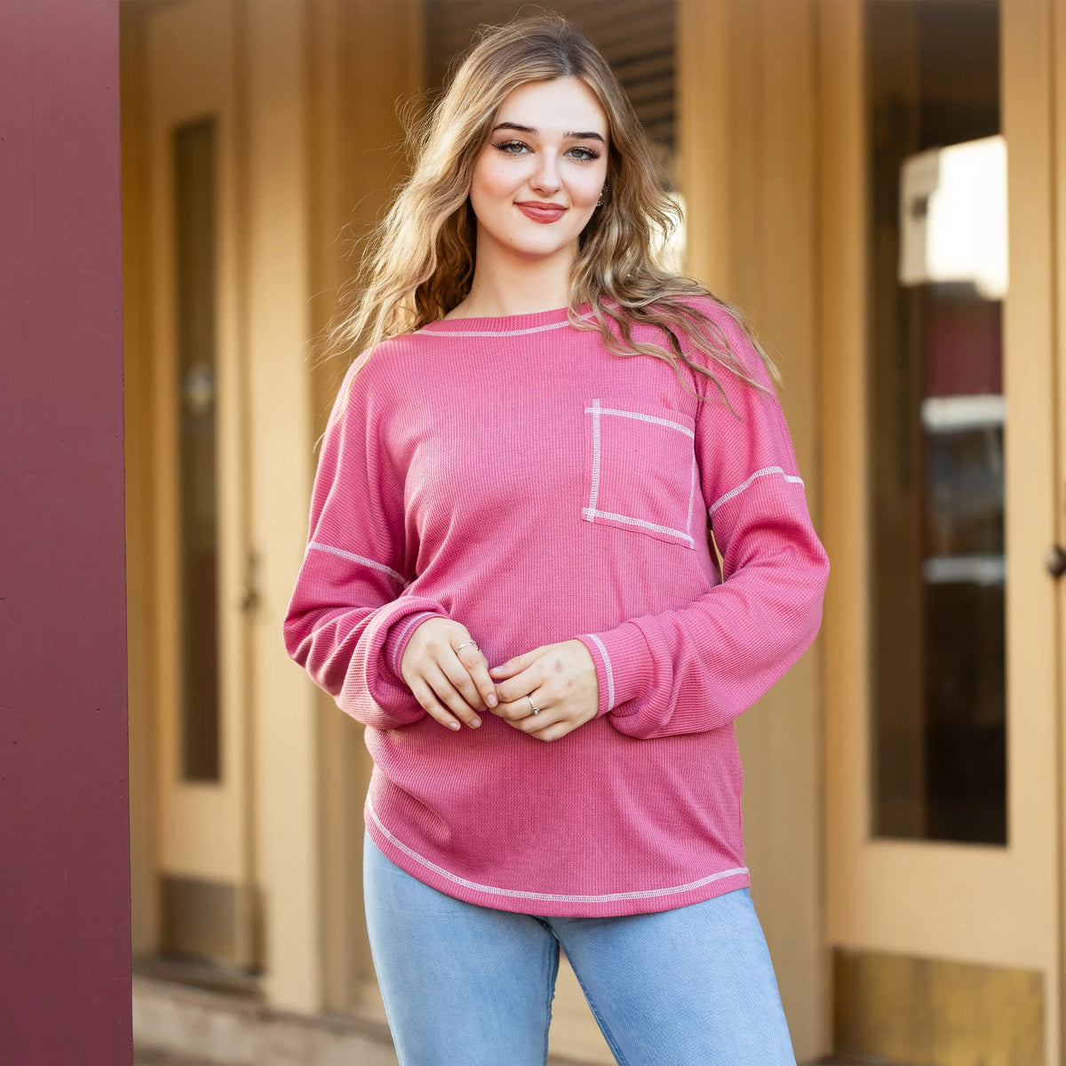 Sunshine & Rodeo Waffle Knit top with Square Pocket