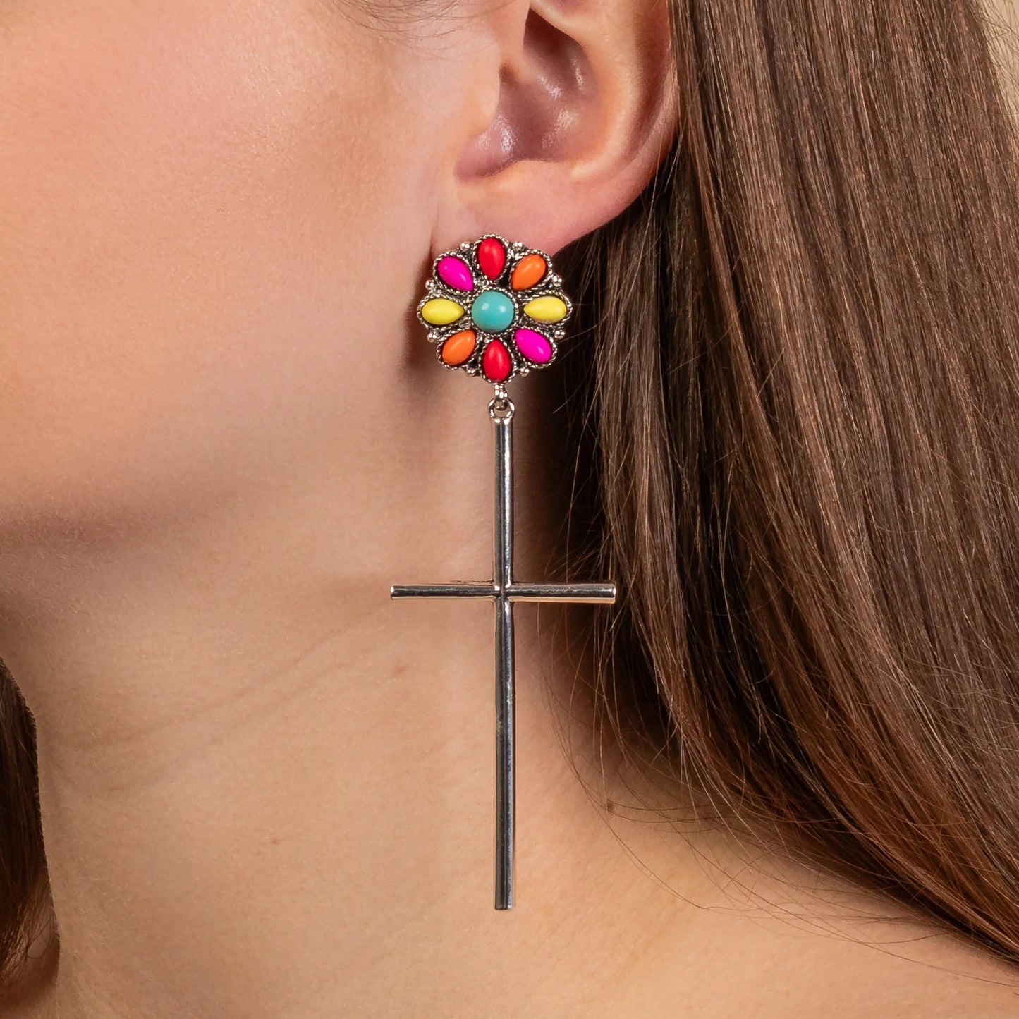 Squash Blossom Cross Earrings - Multi