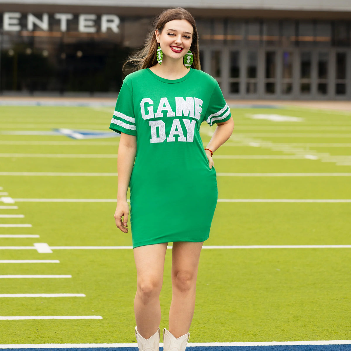 sunshine & Redeo Game Day Sequin T Shirt Dress with Pockets - Kelly Green