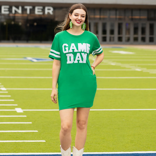 Sunshine & Redeo Game Day Sequin T Shirt Dress with Pockets - Kelly Green