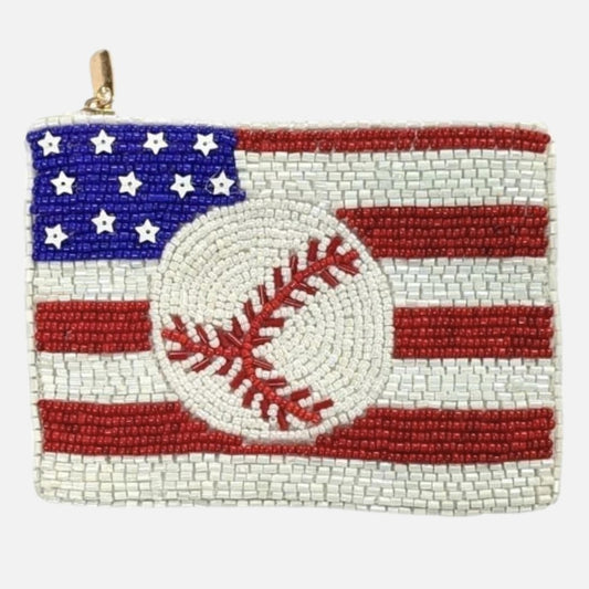 American Flag & Baseball Seed Beaded Canvas Pouch