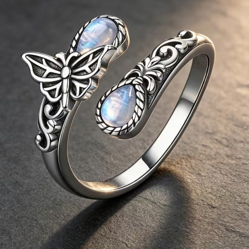 Adjustable Open Moonstone Butterfly Ring