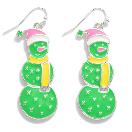 Enamel Drop Earrings Featuring Green Snowman With Hat