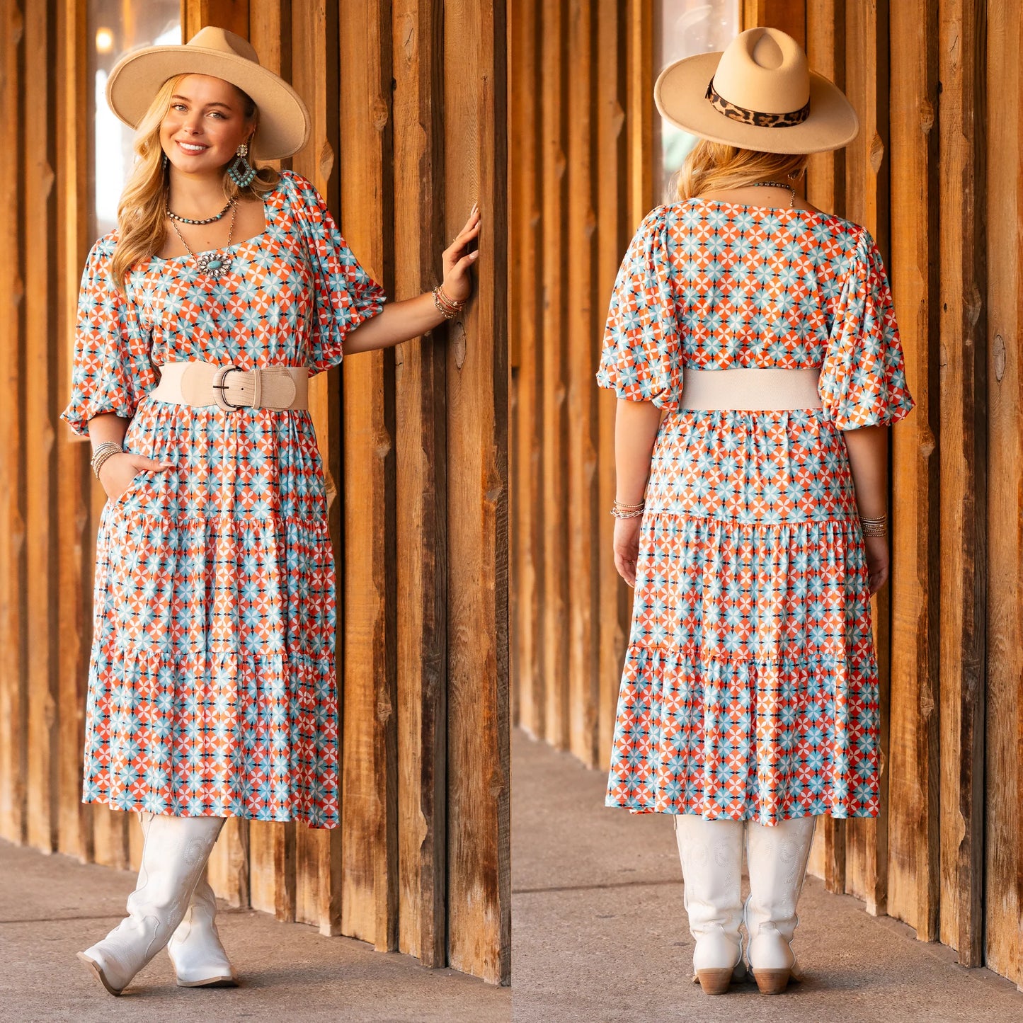 Geometric Print Bubble Sleeve Dress with Pockets