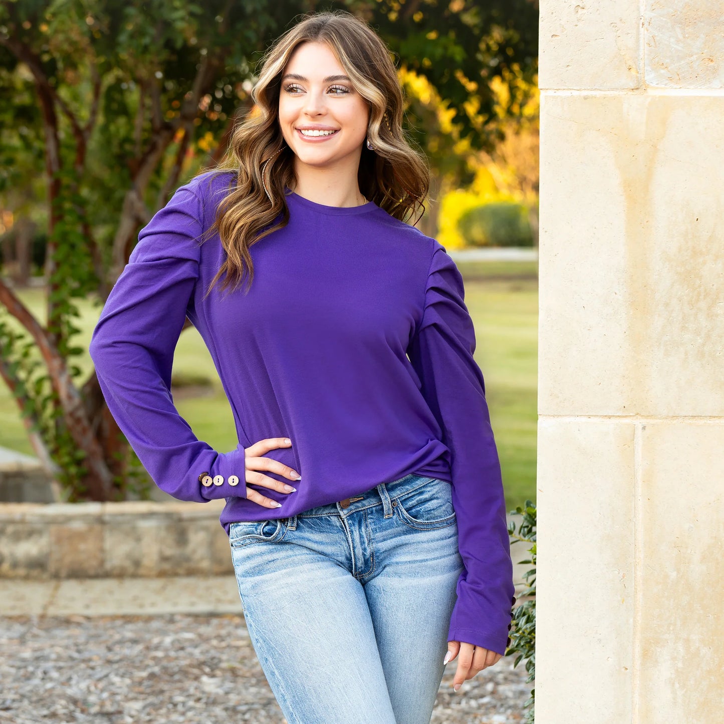 Sunshine & Redeo Ruffle Sleeve Top with Button Accents - Purple