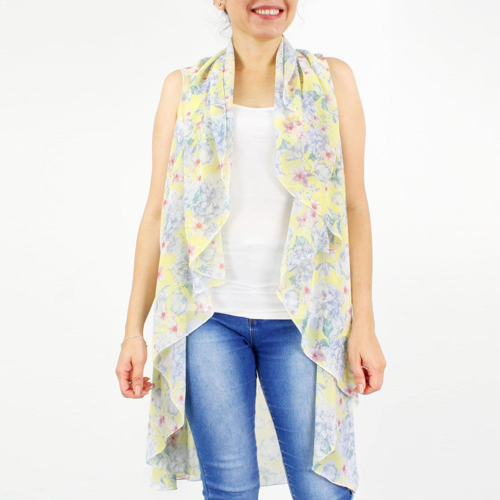 Lightweight Floral Print Vest Kimono  Yellow