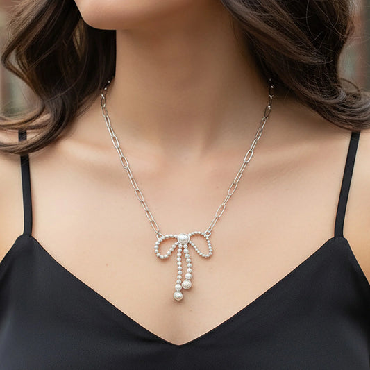 92430 - Crystal Bow Necklace - Pearl
