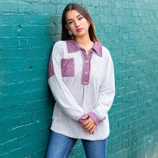 Sunshine & Rodeo Knit Top with Square Pocket - Burgundy