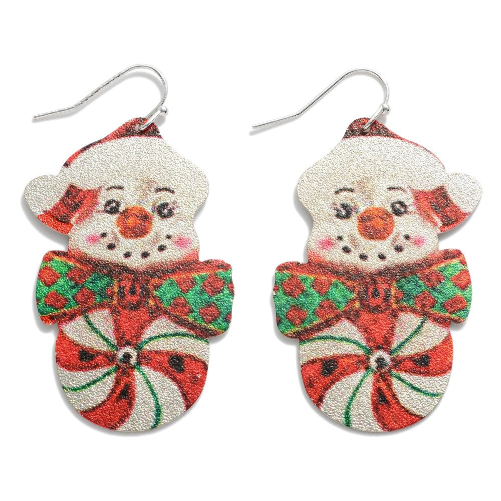 Textured Metal Snowman Peppermint Drop Earrings.