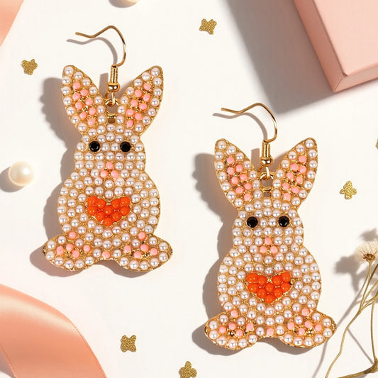 Beaded Easter Bunny Earrings - White