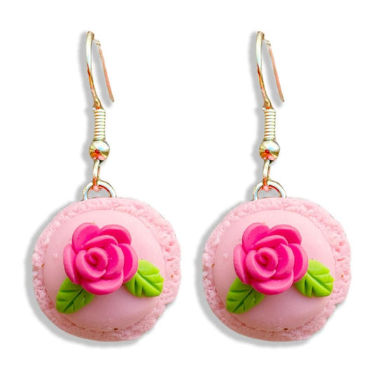 Polymer Clay Macaron Cookie Drop Earrings Featuring Rose Accents