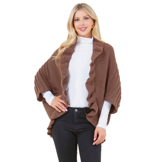 Solid Knit Kimono With Ruffle Detail - Brown
