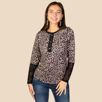 Leopard Print Lace Sleeve Top - Pink)