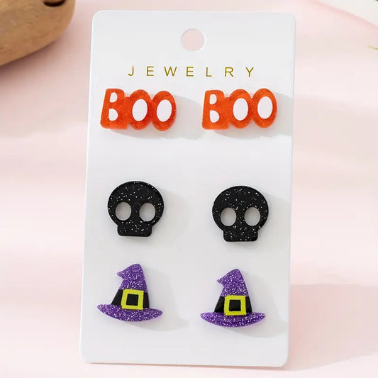3 Stud Earrings Boo/Skull/Witch Hat
