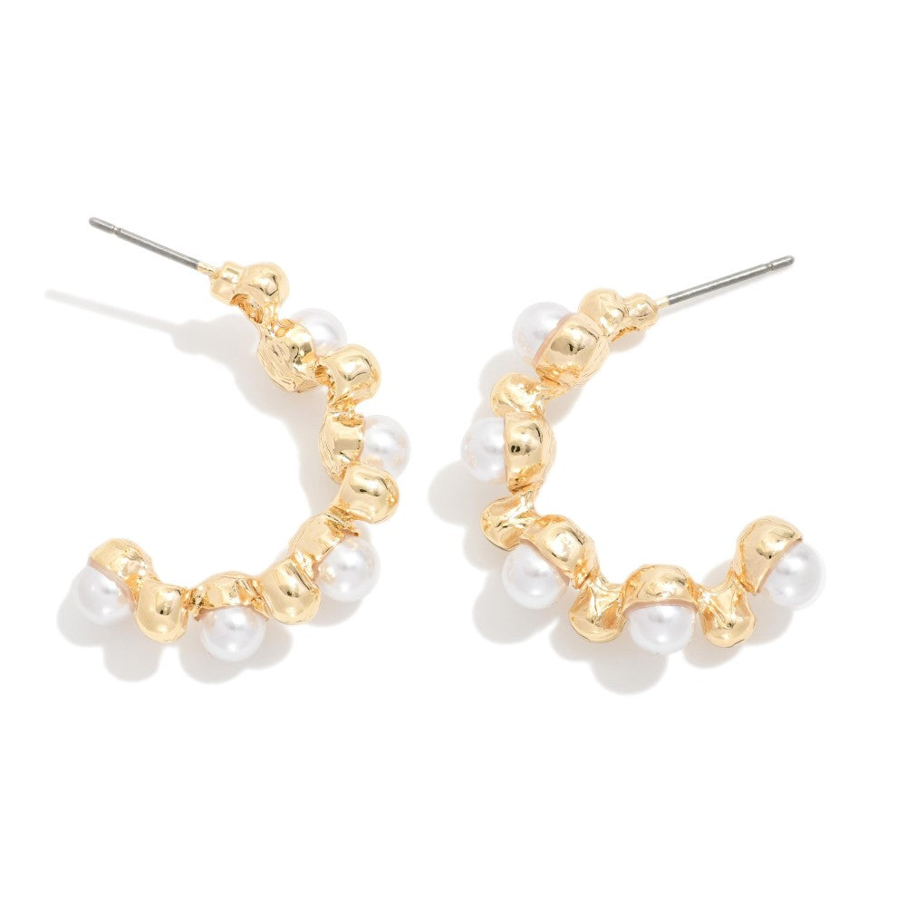 Metal Tone Half Hoop Drop Earring Featuring Pearl & Metal Ball Studded Details