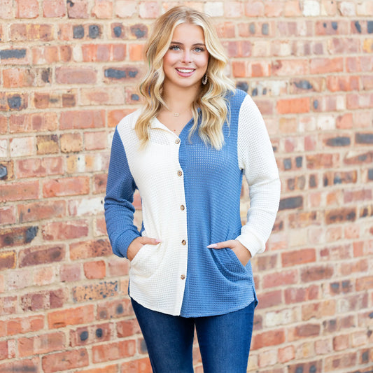 Sunshine & Rodeo Color Block Waffle Knit Button Down with Pockets