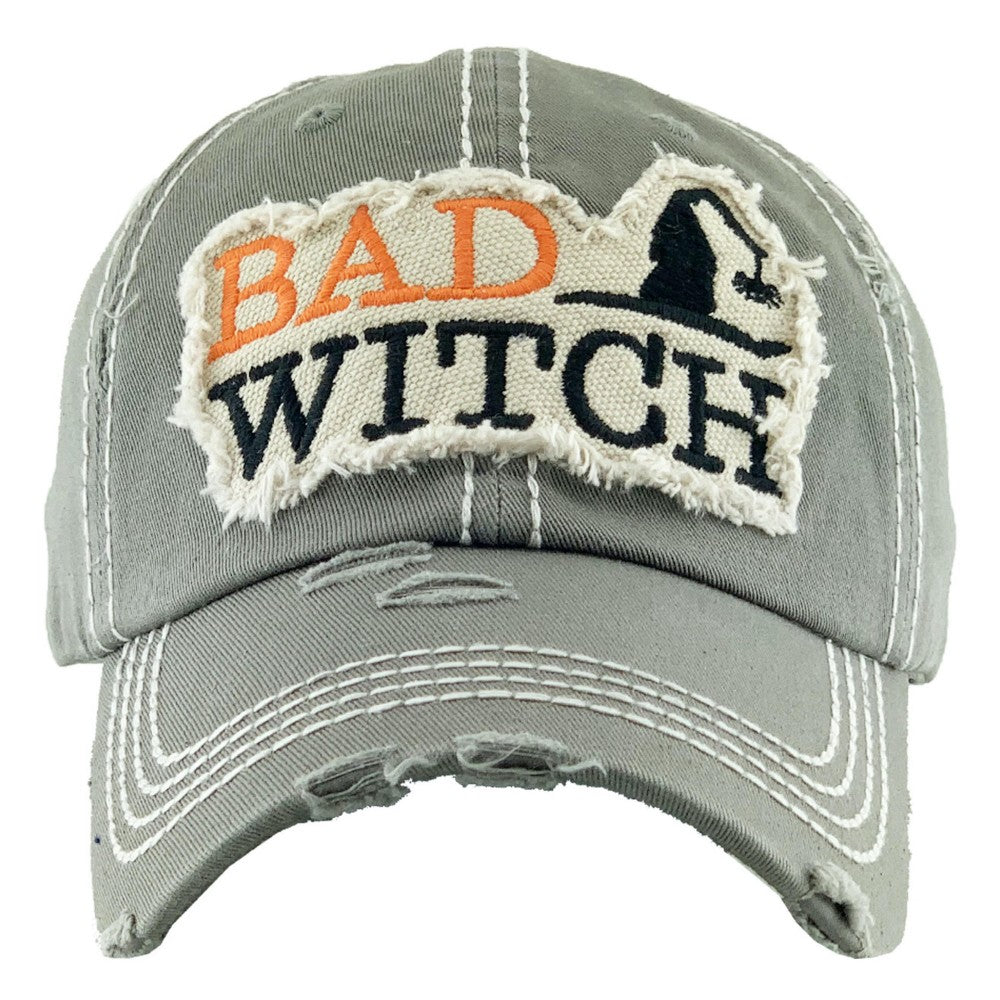 Vintage Distressed Halloween Baseball Cap Featuring Bad Witch Embroidered Detail.