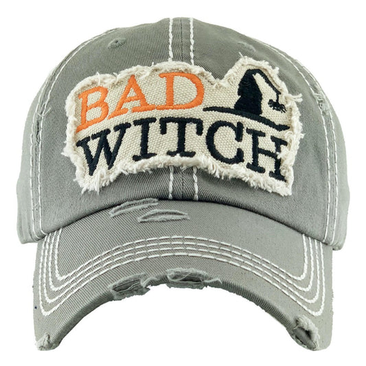 Vintage Distressed Halloween Baseball Cap Featuring Bad Witch Embroidered Detail.