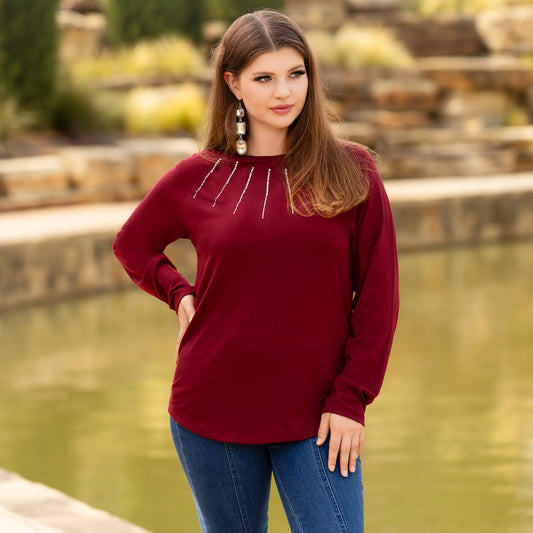 Sunshine & Redeo Embellished Long Sleeve Top - Maroon