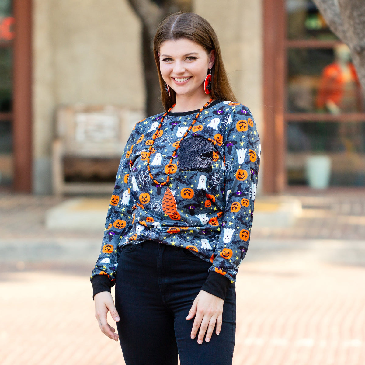 Sunshine & Redeo Halloween Long Sleeve Top with Sequin Pocket