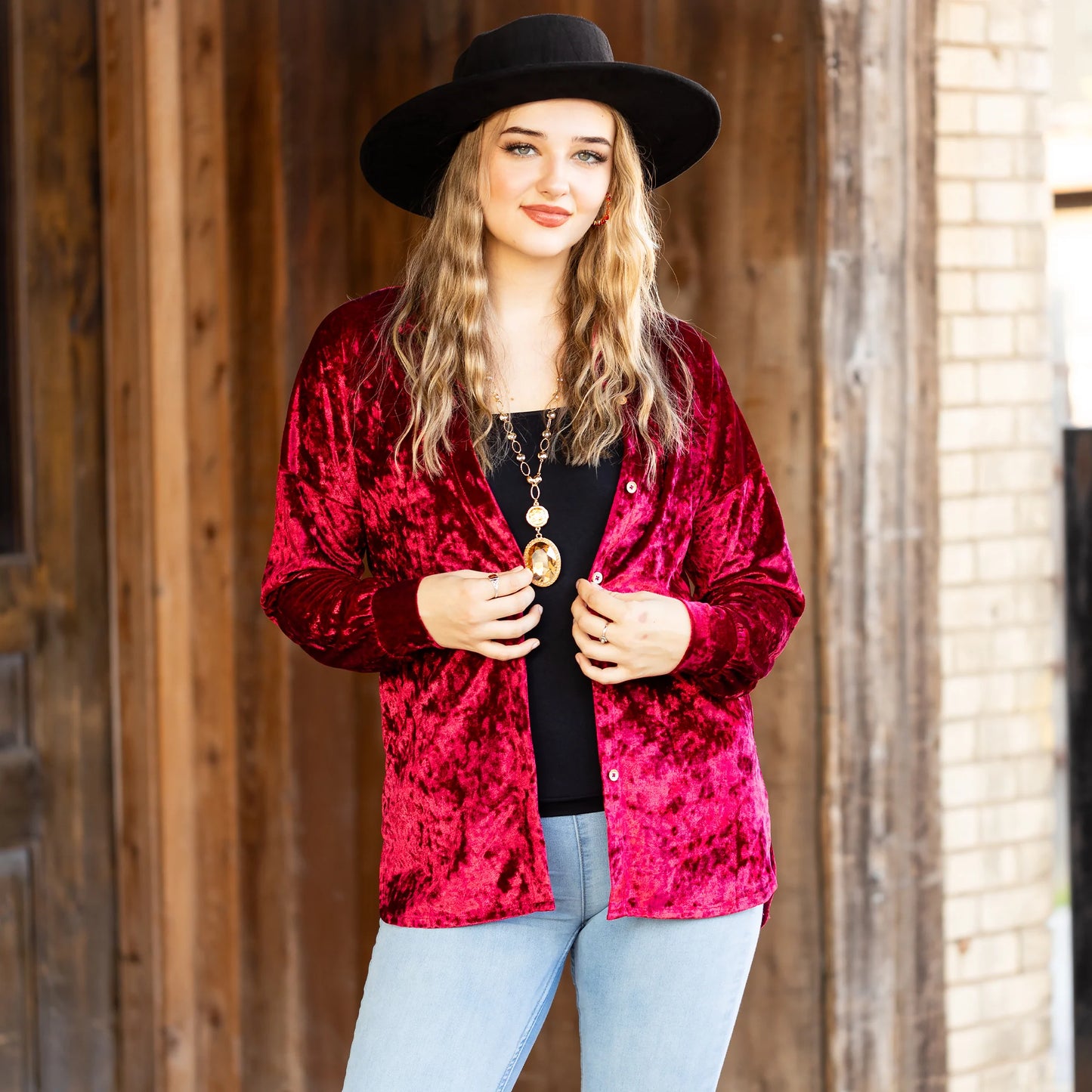 Sunshine & Redeo Velvet Long Sleeve Button Down Top with Pockets