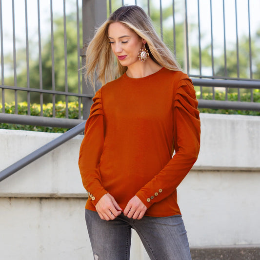 Ruffle Sleeve Top with Button Accents - Rust